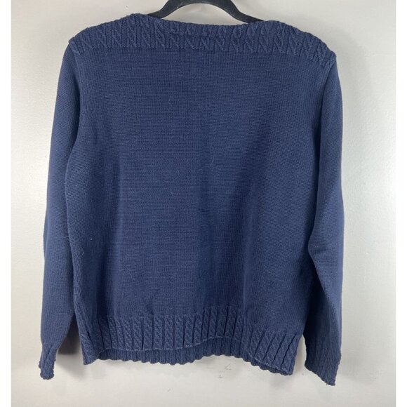 Liz Claiborne Lizsport Flag Sweater Navy Blue 100% Cotton Crew Neck Petite Large - Picture 2 of 7